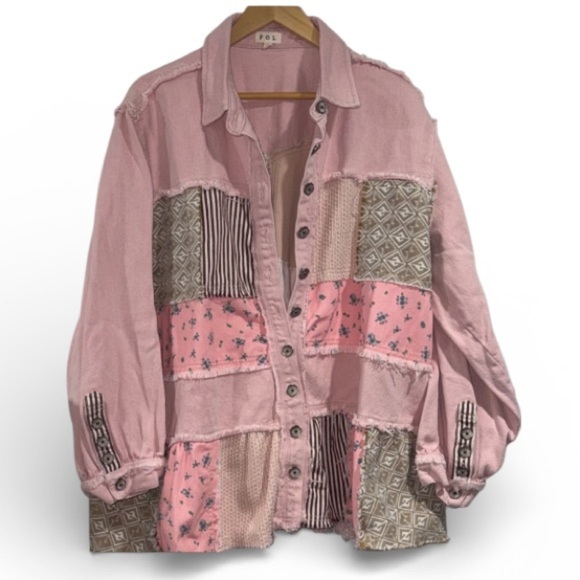 POL Jackets & Blazers - POL Pink jacket Patchwork boho raw hem floral denim jean button up boutique